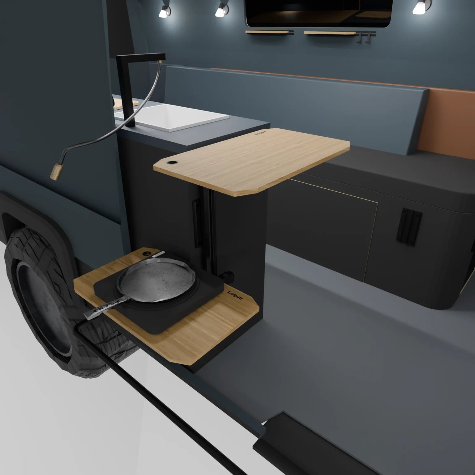 Plusieurs espaces de travail flexibles Lagun dans un camping-car.